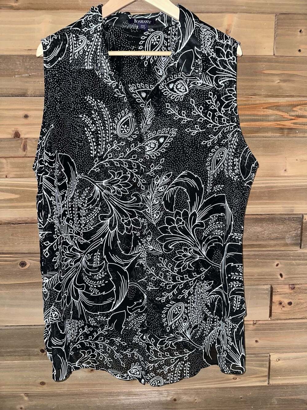 No.16 Roaman'S Sleeveless Blouse Size 24W Black White Floral Paisley Top